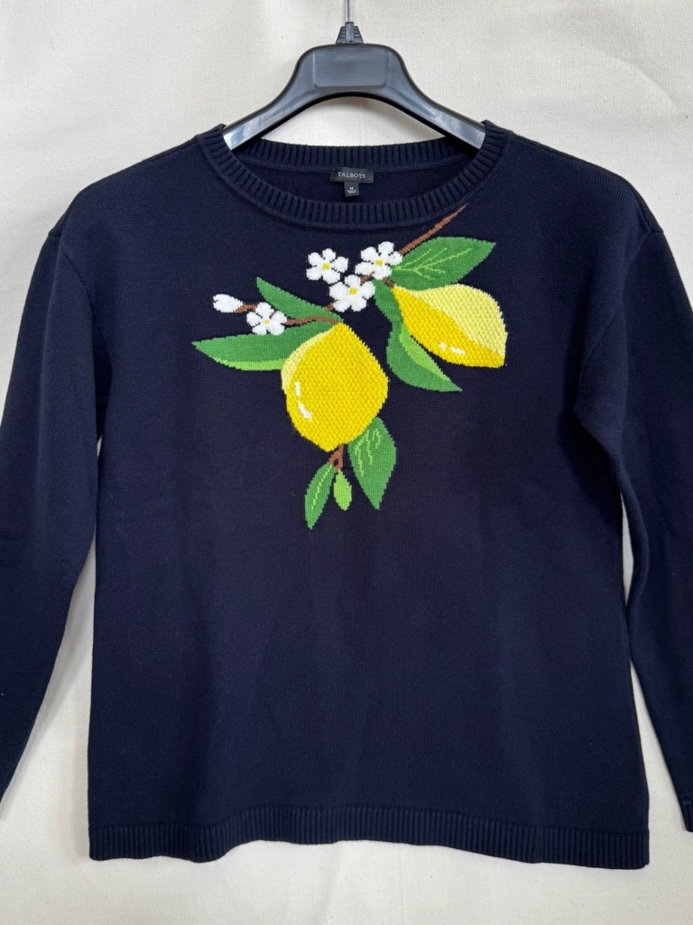 Talbots Navy Crewneck Sweater with Yellow Lemon Motif
